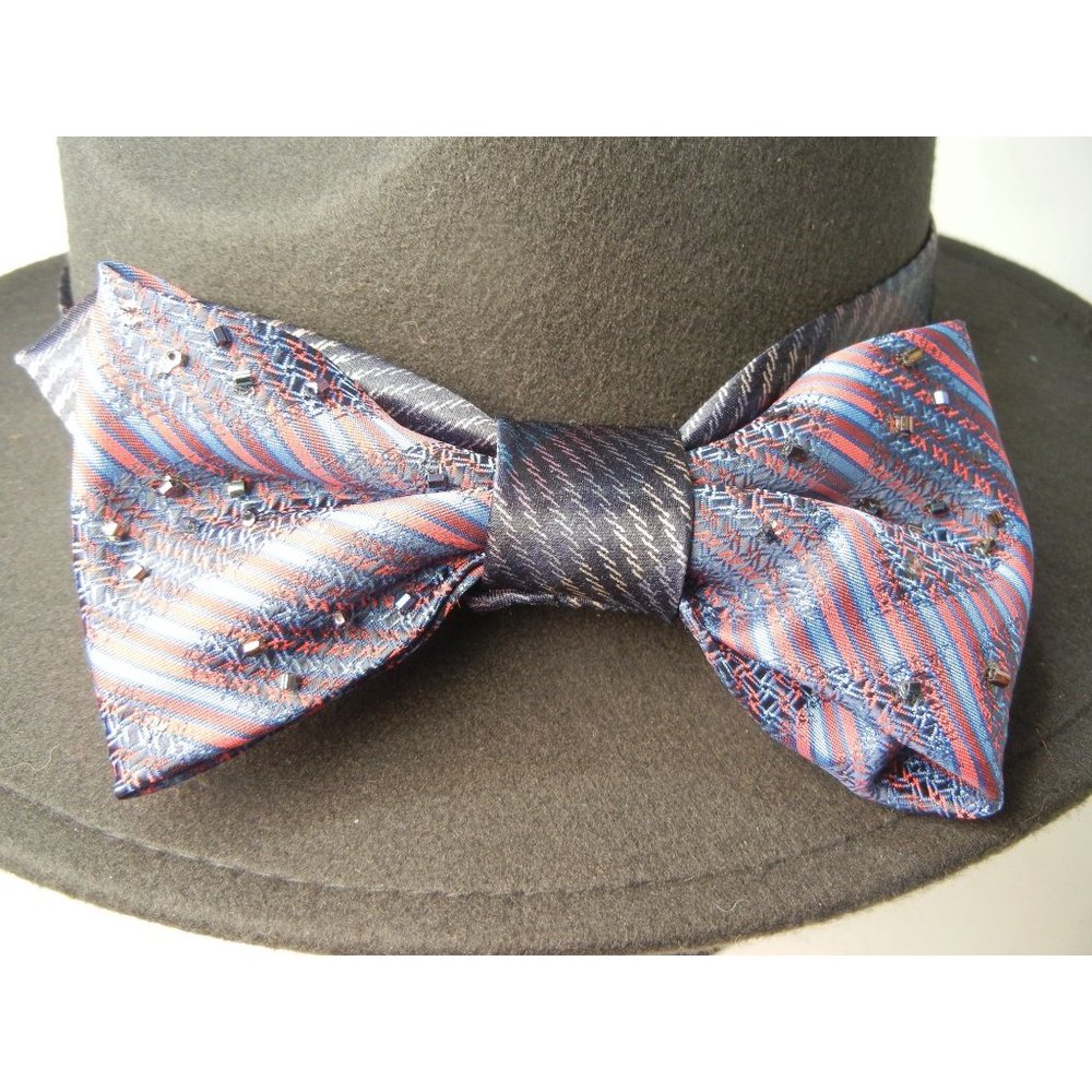 .Boho Fedora woman's fancy big bow hat, Black fedora with blue and red beaded ha